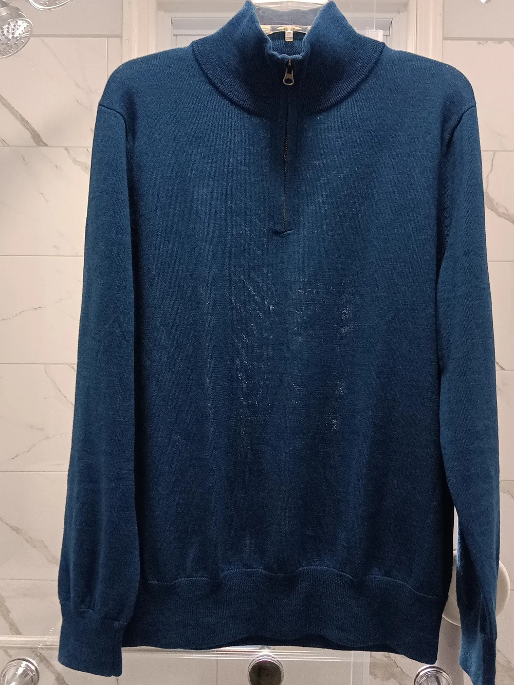 J. Crew Deep Teal Blue Mock Neck Quarter Zip Large Merino Wool Sweater